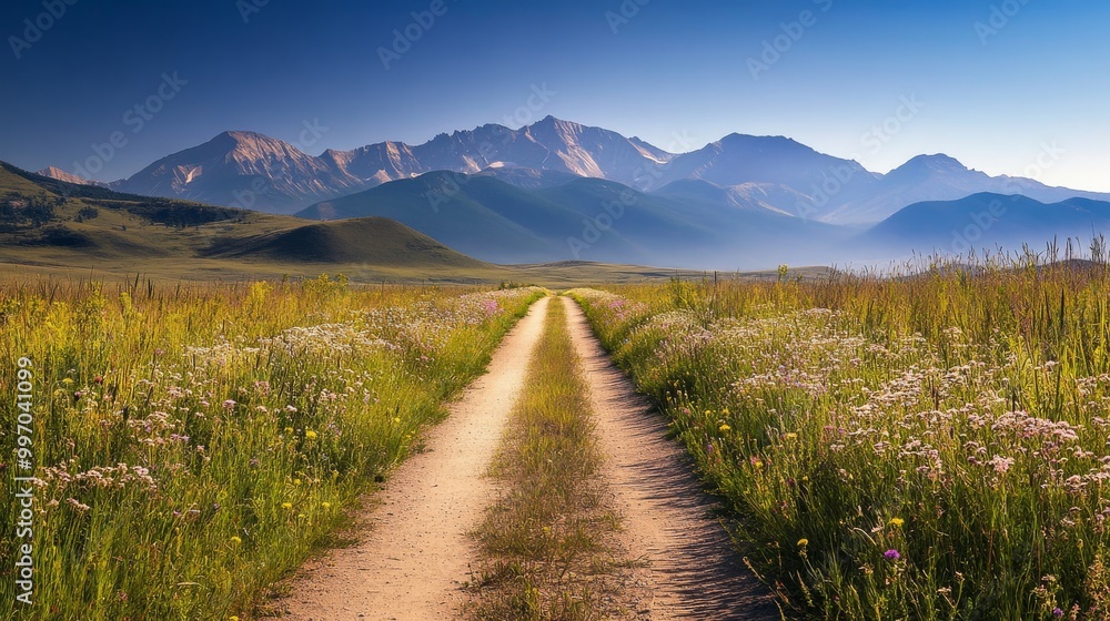 A dusty road leads through vibrant wildflowers, stretching towards distant, rugged mountains under a bright blue sky, inviting exploration in nature's beauty A dusty road leads through vibrant wildflowers, stretching towards distant, rugged mountains under a bright blue sky, inviting exploration in nature's beauty