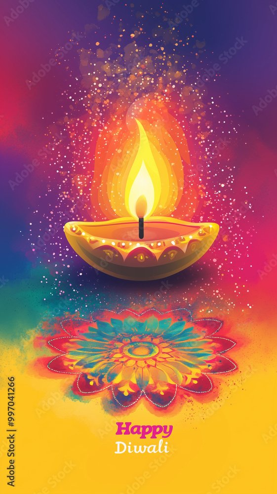 Illustration of Diwali festival Diya Lamp with rangoli at the bottom, vibrant colors, text Illustration of Diwali festival Diya Lamp with rangoli at the bottom, vibrant colors, text