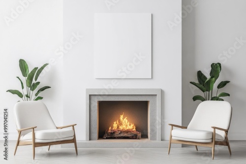 Chic White Living Space with Fireplace, Armchairs, and Cozy Ambiance
