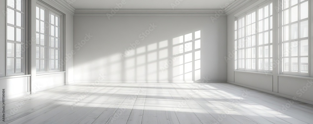 Fototapeta premium Bright and spacious interior with large windows casting soft shadows on a clean, white floor, perfect for creative projects.