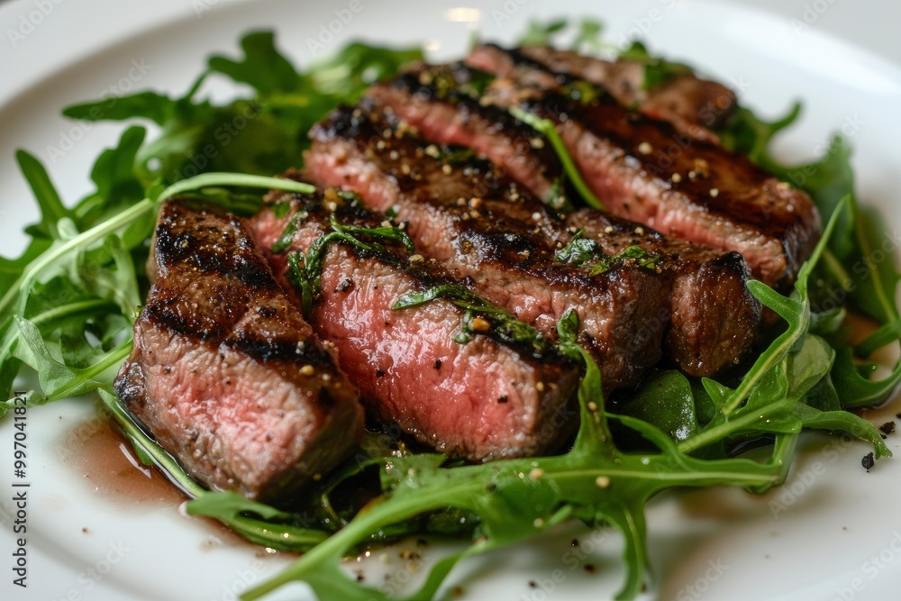 Grilled chuck roll beef steak with arugula - generative ai Grilled chuck roll beef steak with arugula - generative ai