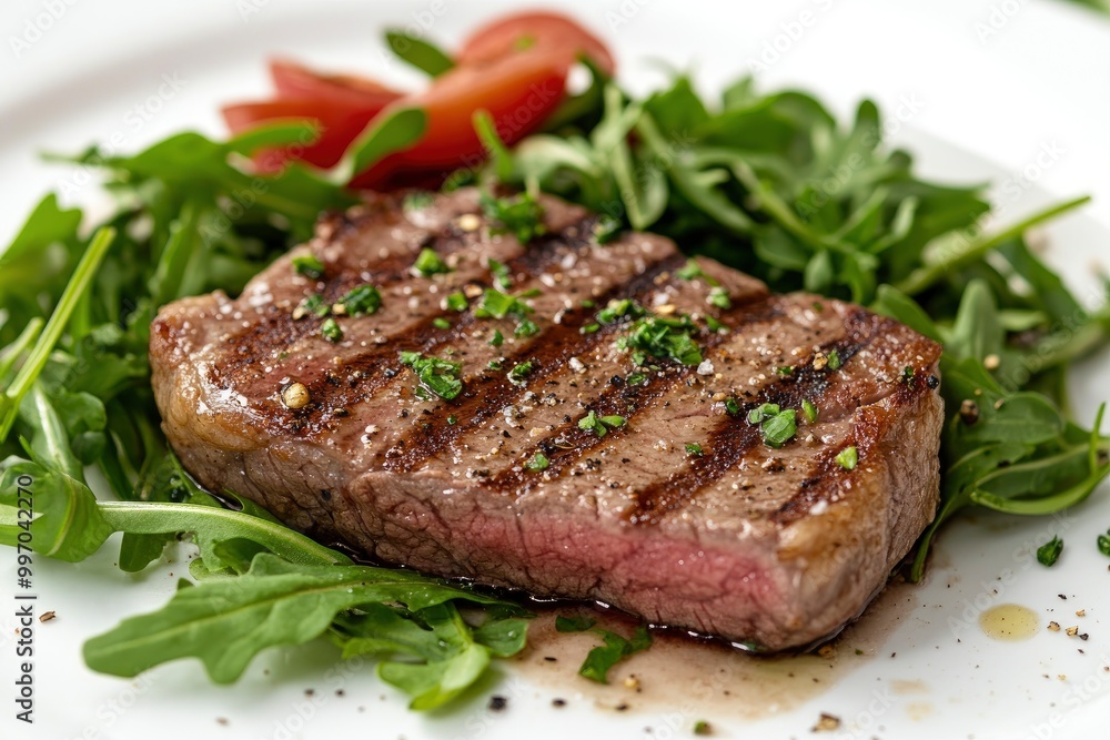 Grilled chuck roll beef steak with arugula - generative ai Grilled chuck roll beef steak with arugula - generative ai