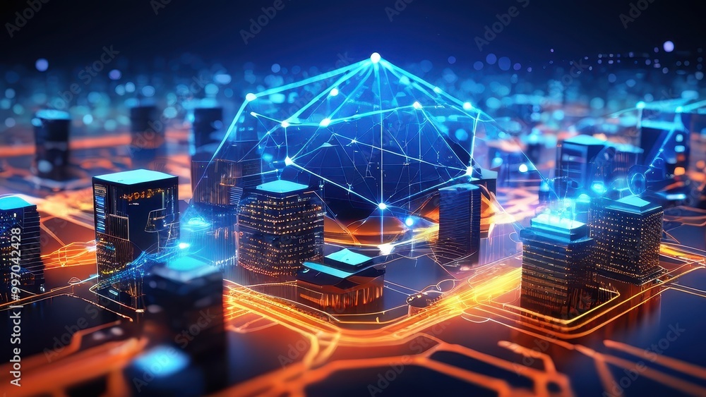 A futuristic cityscape with interconnected buildings and digital networks. A futuristic cityscape with interconnected buildings and digital networks.