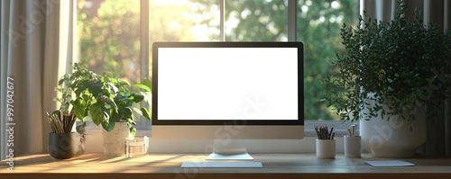 A modern workspace featuring a blank computer screen, plants, and natural light, ideal for remote work or study.