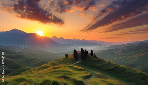 Breathtaking Aerial View of Irpinias Campania Countryside at Sunset Over Nusco Valley, Avellino, Italy photo