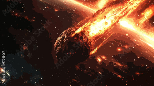 Realistic 3D Asteroid with Fiery Trail in Outer Space