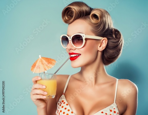 Creative photo of young beautiful woman pin up retro vintage style wearing sunglasses and sunhat drinking beach cocktail with umbrella travel diet healthy lifestyle concept on blue background.