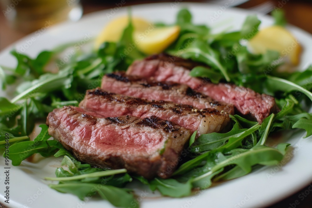 Grilled chuck roll beef steak with arugula - generative ai Grilled chuck roll beef steak with arugula - generative ai