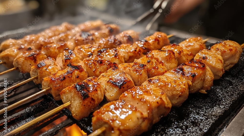 Skewers of delicious grilled meat roasting over charcoal on a smoky grill Skewers of delicious grilled meat roasting over charcoal on a smoky grill
