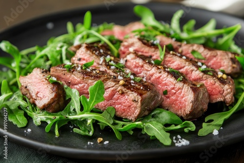 Grilled chuck roll beef steak with arugula - generative ai