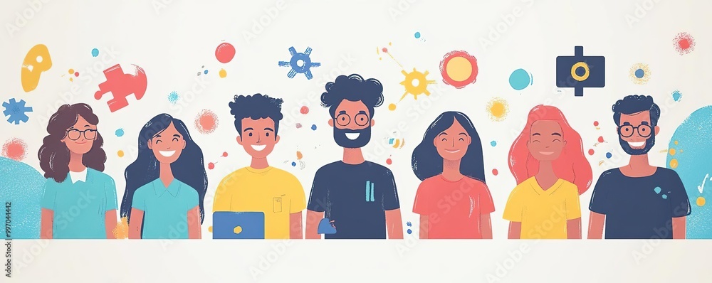 Diverse group of cheerful people with colorful backgrounds, representing teamwork, creativity, and collaboration in a modern setting. Diverse group of cheerful people with colorful backgrounds, representing teamwork, creativity, and collaboration in a modern setting.
