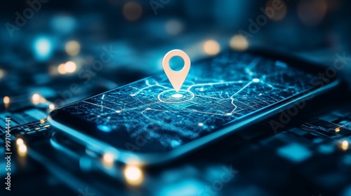 A mobile device showcases a detailed digital map featuring a highlighted geofencing area and a prominent location pin. The environment is urban and illuminated photo