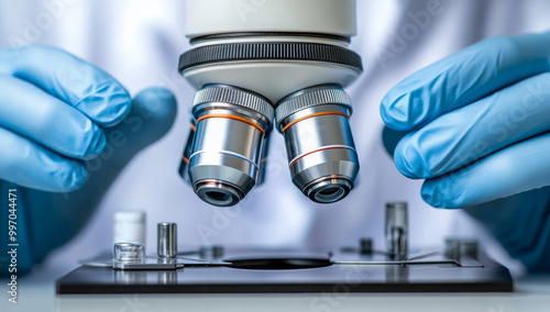 Close-Up Of Hands Using An Advanced Microscope