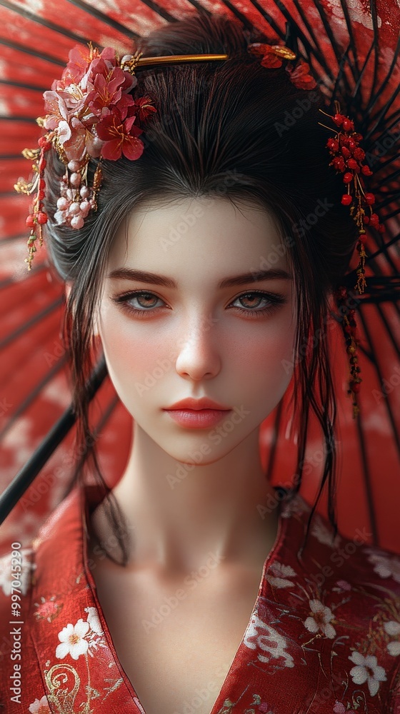 Hyper-realistic portrait of a modern geisha with porcelain skin and adorned hair Hyper-realistic portrait of a modern geisha with porcelain skin and adorned hair