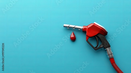 Fototapeta Naklejka Na Ścianę i Meble -  3D image of a gas pump nozzle with a petrol drop on a blue background, with space for your design.