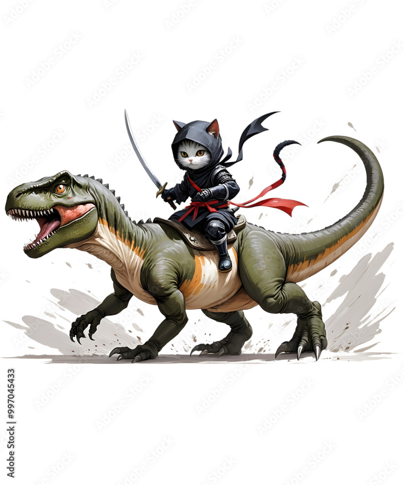 anime samurai ninja cute cat ride a dinosaur t-rex retro vintage anime samurai ninja cute cat ride a dinosaur t-rex retro vintage