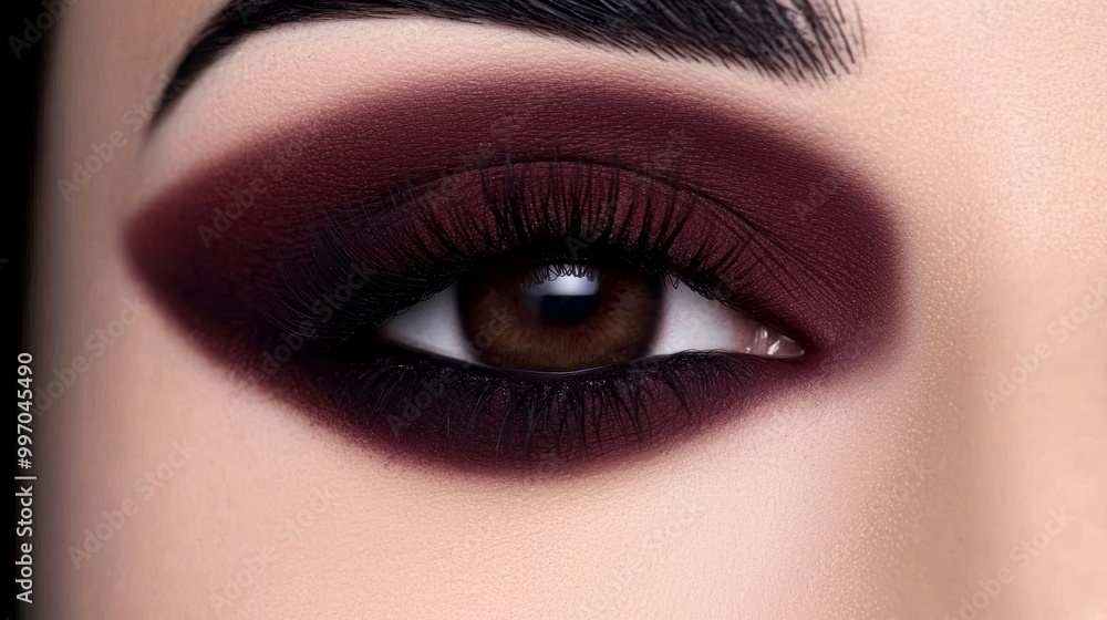 Close-up of a brown eye with dramatic burgundy eye makeup and thick lashes, highlighting the intense and expressive appearance. Close-up of a brown eye with dramatic burgundy eye makeup and thick lashes, highlighting the intense and expressive appearance.