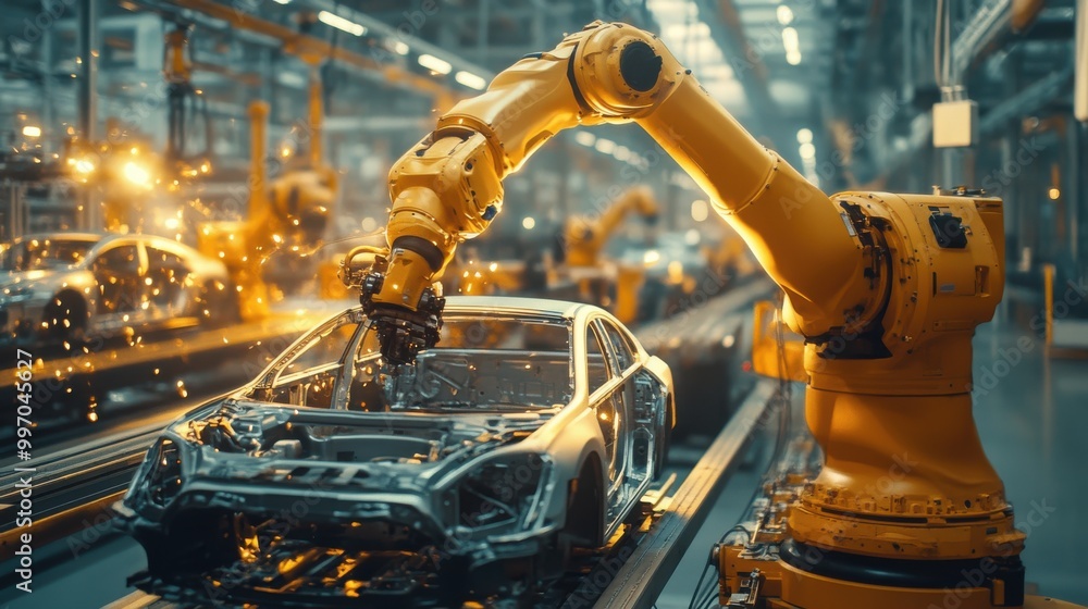 A robot assists in car production line work, enhancing efficiency and collaboration in modern manufacturing environments A robot assists in car production line work, enhancing efficiency and collaboration in modern manufacturing environments