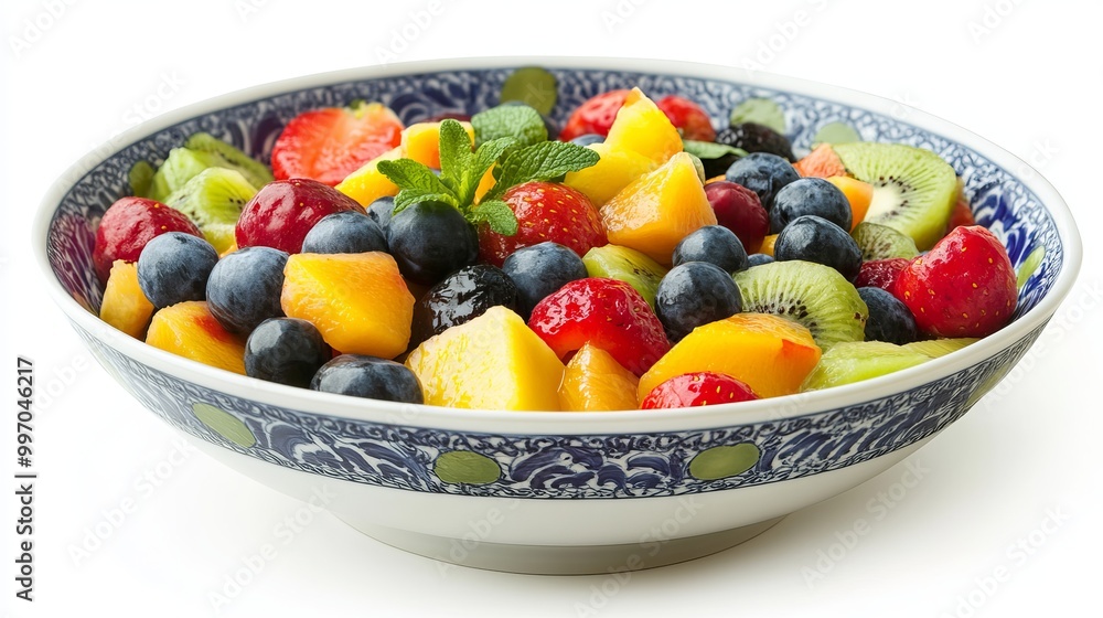 A bowl filled with colorful fruits, isolated on a white background. A healthy and refreshing summer meal. A bowl filled with colorful fruits, isolated on a white background. A healthy and refreshing summer meal.