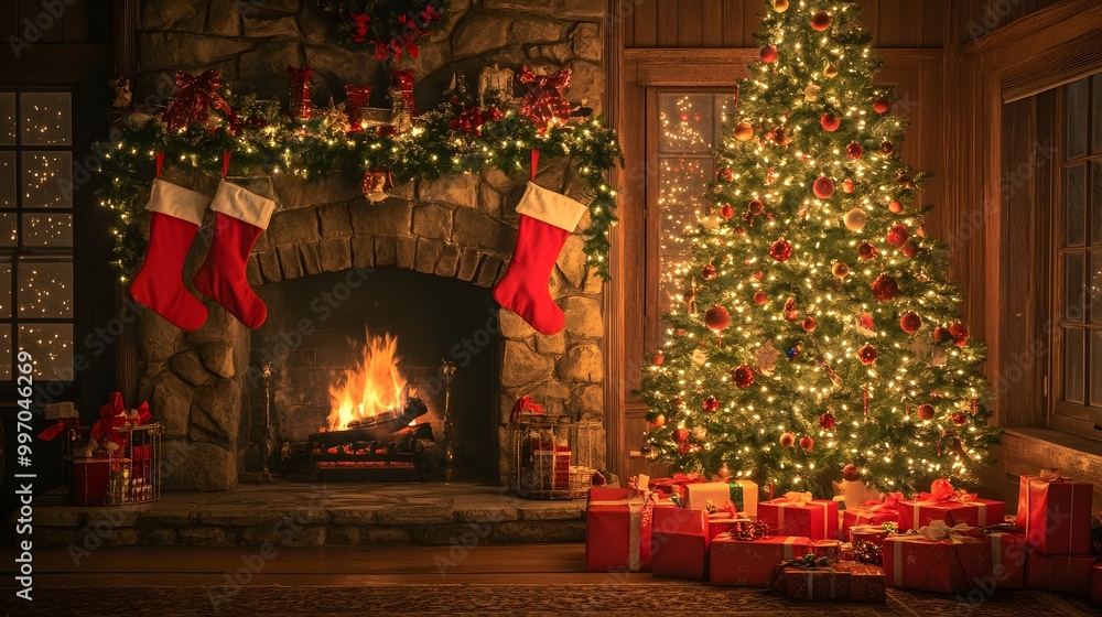 Fototapeta premium A Christmas tree with presents underneath, a fireplace in the background, red Christmas stockings on the fireplace