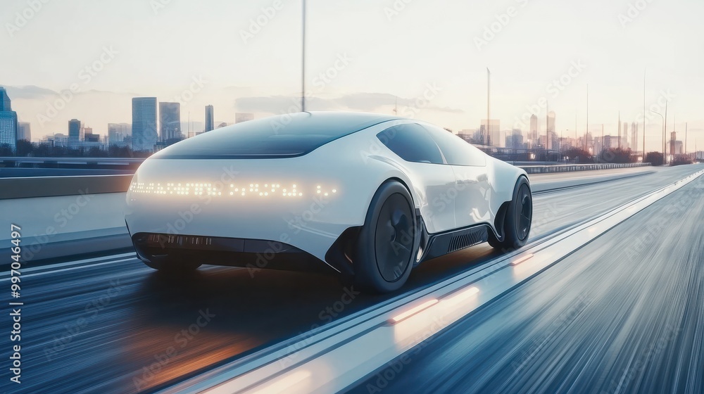 Autonomous Electric Vehicle on a Smart Road A sleek, autonomous electric vehicle driving on a futuristic highway Autonomous Electric Vehicle on a Smart Road A sleek, autonomous electric vehicle driving on a futuristic highway