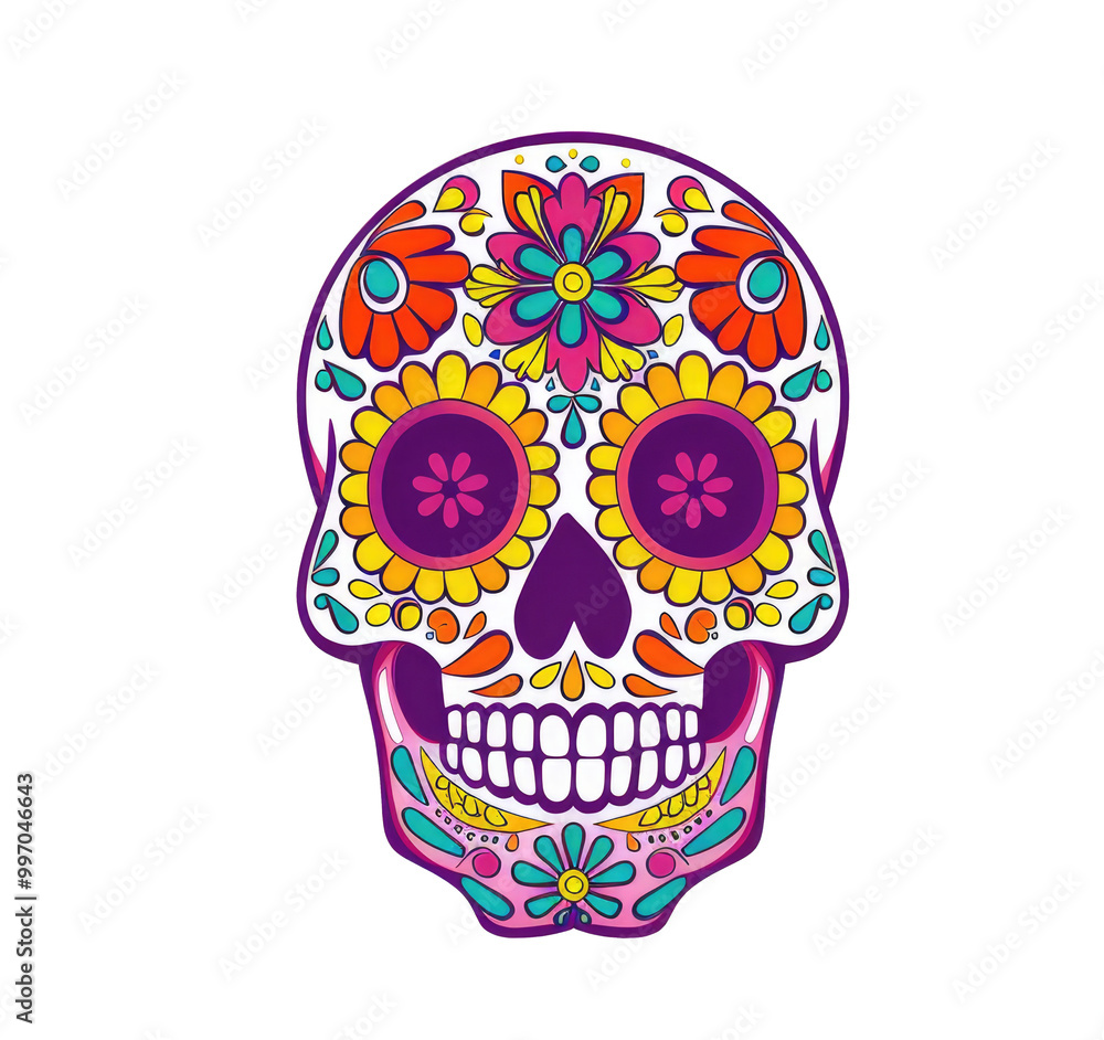 Day of The Dead sugar Skull with floral ornament. Mexican skull isolated on transparent background Day of The Dead sugar Skull with floral ornament. Mexican skull isolated on transparent background
