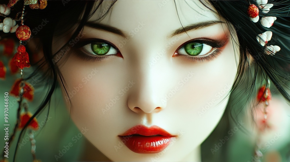 Hyper-realistic portrait of a modern geisha with porcelain skin and adorned hair Hyper-realistic portrait of a modern geisha with porcelain skin and adorned hair