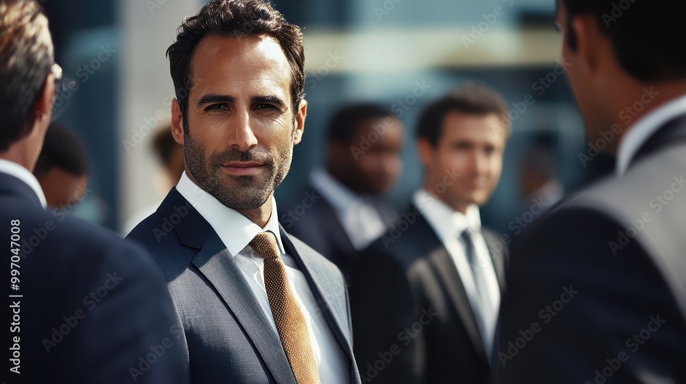 Business professionals in sleek suits gather, one highlighted by his distinctive tie.