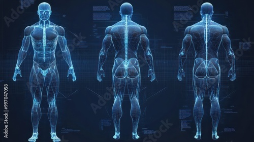 Blueprint set of 3D polygonal wireframes of the human body in temlate format. photo