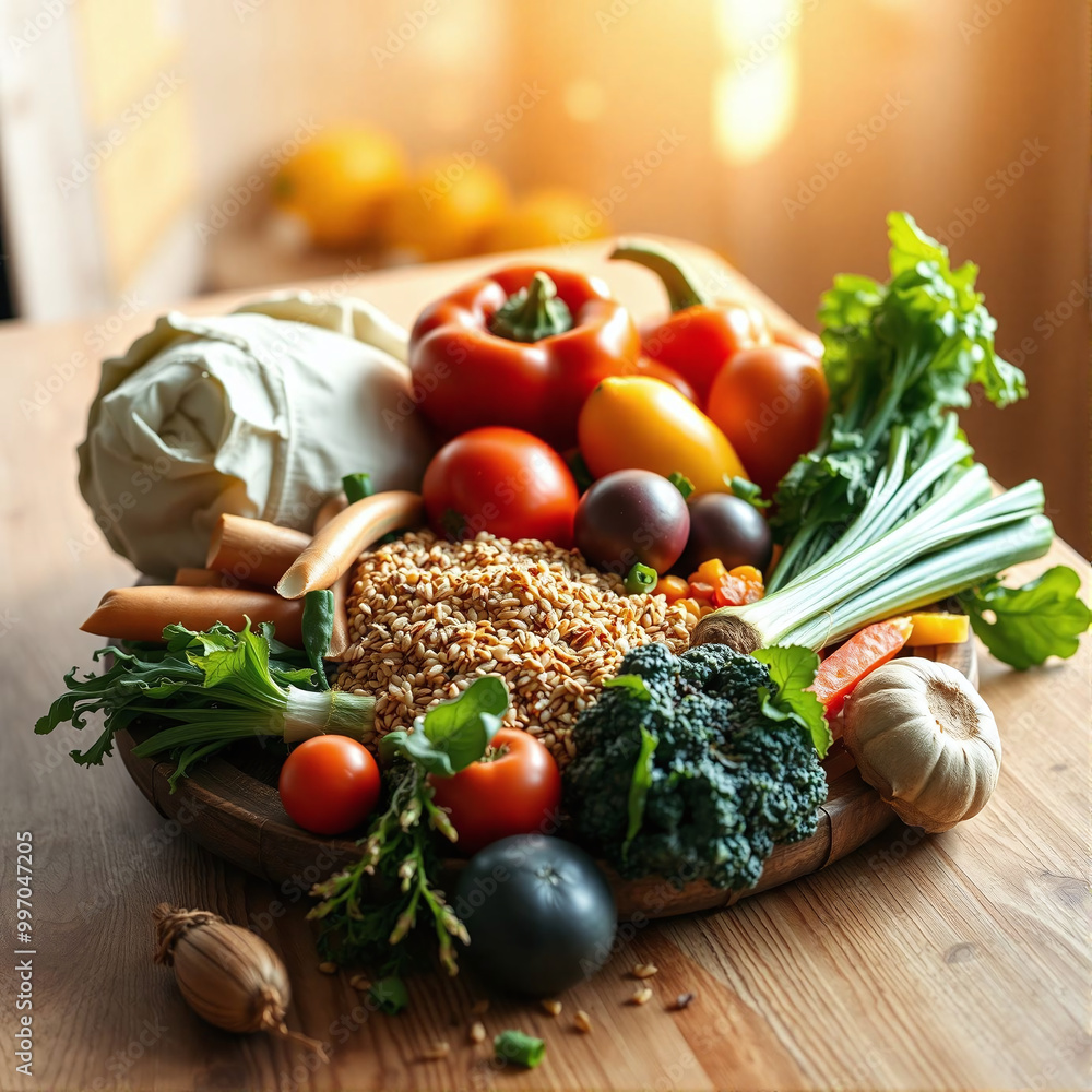 Fresh vegetables and grains on a wooden table in natural light setting Fresh vegetables and grains on a wooden table in natural light setting