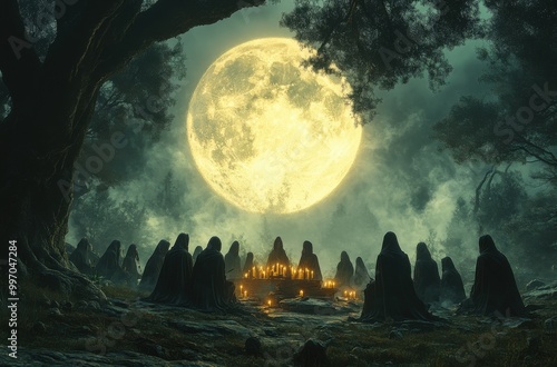 A gathering of dark priestesses in black robes performs rituals under the full moon in a misty forest clearing photo