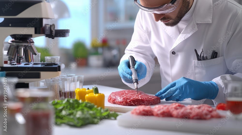 Busy food scientist creating a plant-based meat alternative in a culinary lab in a candid and routine daily work environment with isolated white background - 3D icon Busy food scientist creating a plant-based meat alternative in a culinary lab in a candid and routine daily work environment with isolated white background - 3D icon