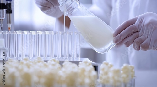 close-up shot of a food scientist pouring alternative milk into test tubes, with visible labels for different types, showcasing the meticulous process of quality control and testin photo