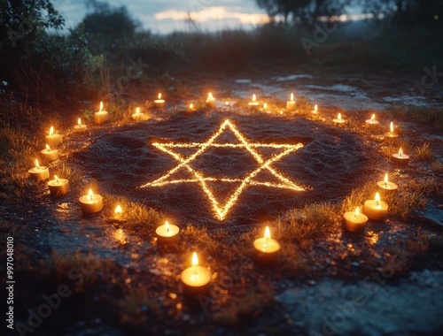 Occult satanic ritual featuring a pentagram drawn in sand surrounded by lit candles, performed by cultist monks at dusk photo