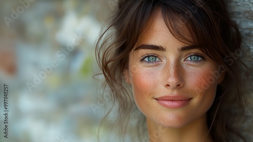 a woman with blue eyes and a brown hair is smiling at the camera with a blurry background behind her