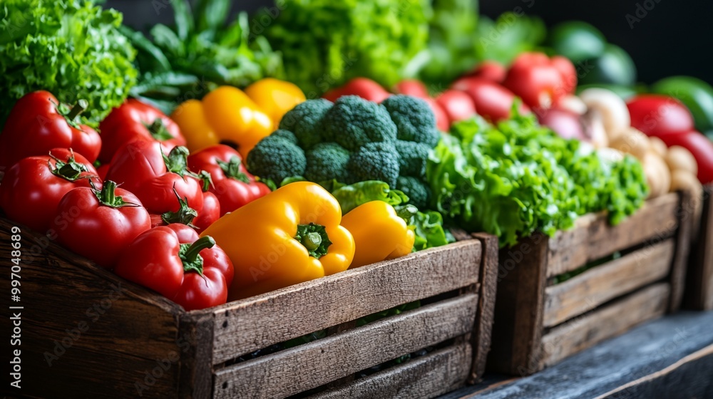 A wooden crate filled with a variety of fresh vegetables including tomatoes, peppers, broccoli and lettuce A wooden crate filled with a variety of fresh vegetables including tomatoes, peppers, broccoli and lettuce