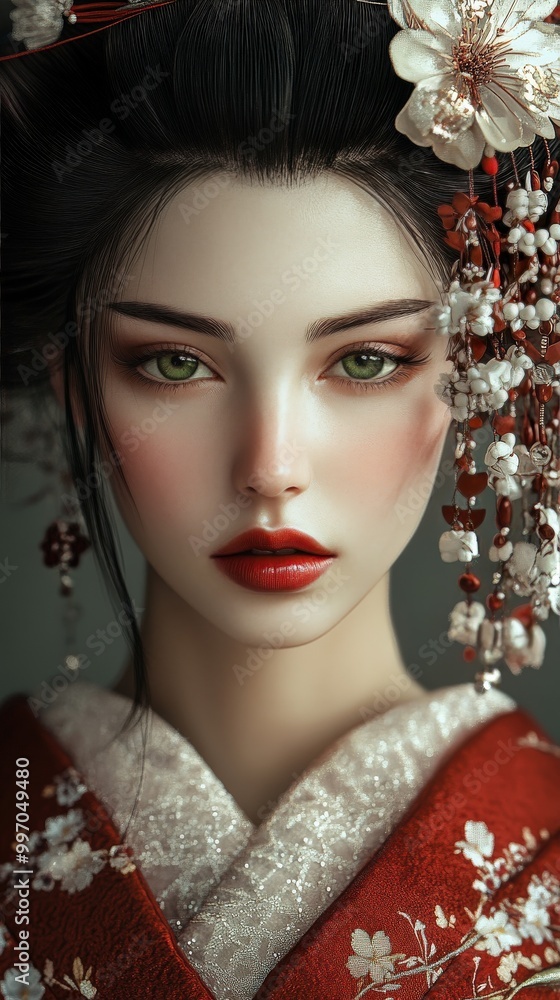 Hyper-realistic portrait of a modern geisha with porcelain skin and adorned hair Hyper-realistic portrait of a modern geisha with porcelain skin and adorned hair