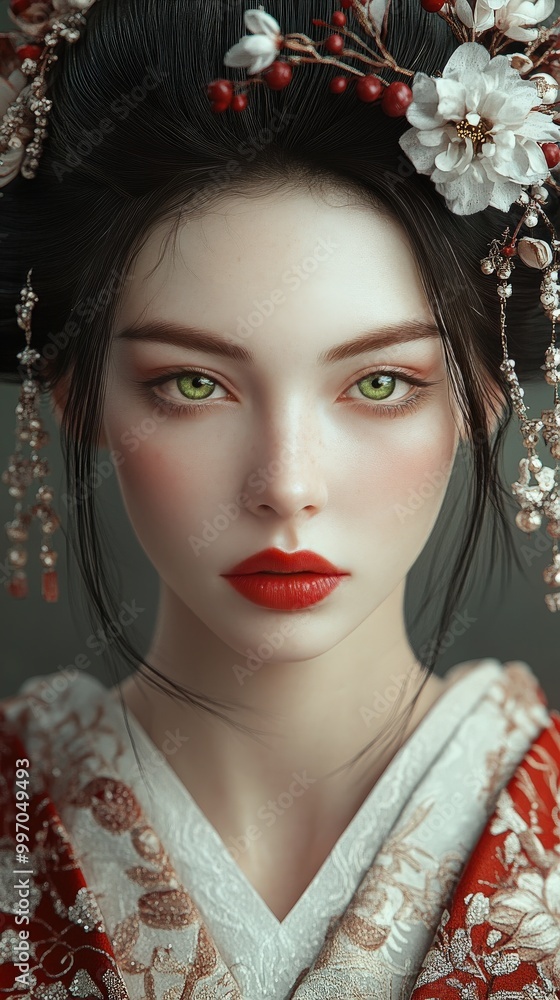 Hyper-realistic portrait of a modern geisha with porcelain skin and adorned hair Hyper-realistic portrait of a modern geisha with porcelain skin and adorned hair