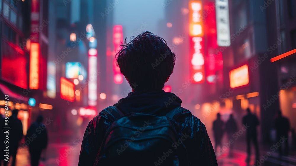 Naklejka premium A man wearing a backpack is standing in the rain in a city with neon signs. The scene is dark and moody, with the man looking off into the distance