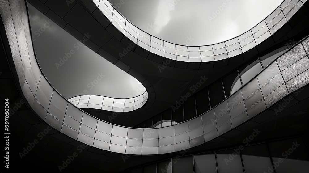 Obraz premium a black and white photo of a curved building with a sky background