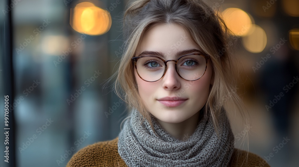 A woman with glasses and a scarf is smiling. She is wearing a brown sweater and a scarf A woman with glasses and a scarf is smiling. She is wearing a brown sweater and a scarf