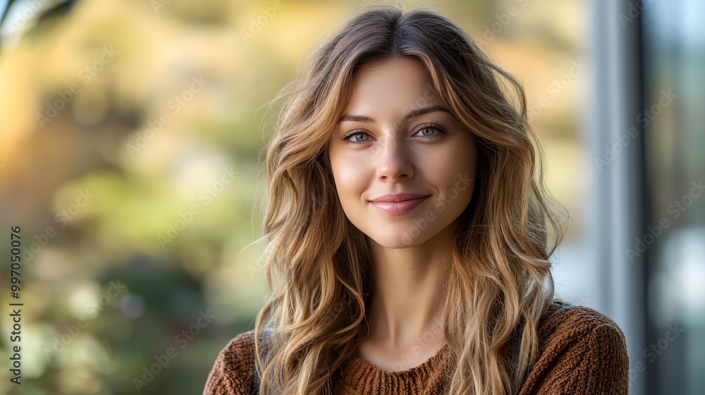 Obraz premium a woman with long hair and a brown sweater is smiling at the camera with a tree in the background