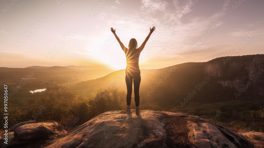 Woman Celebrating Victory on a Mountaintop at Sunrise Woman Celebrating Victory on a Mountaintop at Sunrise