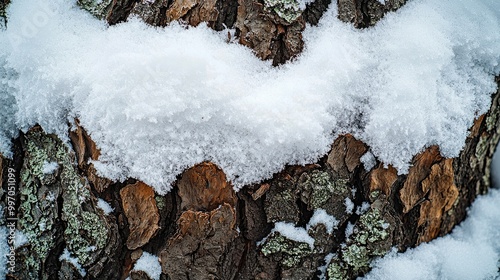 A close-up view of tree bark partially blanketed with freshly fallen snow, highlighting the contrast between the rough texture of the bark and the soft, white snow.  photo