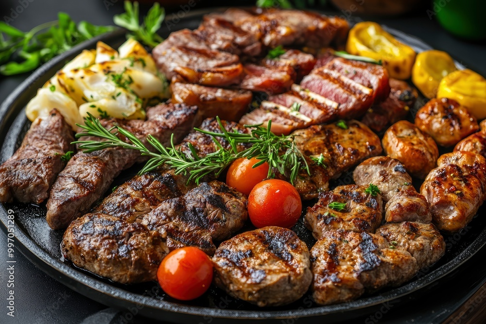Grilled plate mix assortment meat - generative ai Grilled plate mix assortment meat - generative ai