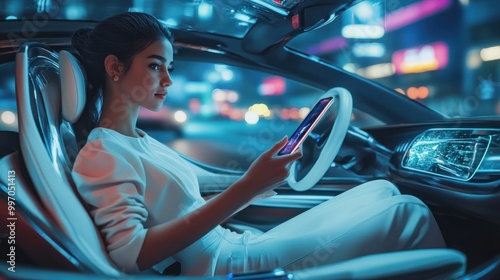 In autonomous vehicles, a woman uses a smartphone. In self-driving cars, in driverless vehicles, in autopilots in cars, and in automotive technology in general. photo