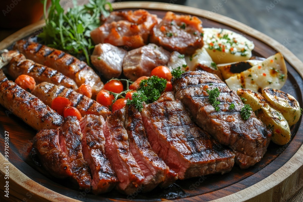 Grilled plate mix assortment meat - generative ai Grilled plate mix assortment meat - generative ai
