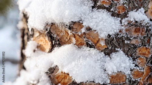 A close-up view of tree bark partially blanketed with freshly fallen snow, highlighting the contrast between the rough texture of the bark and the soft, white snow.  photo