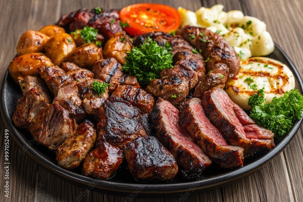 Grilled plate mix assortment meat - generative ai Grilled plate mix assortment meat - generative ai