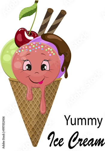 Ice cream in a waffle cup.Colored vector illustration with ice cream in a waffle cone on a transparent background with text.